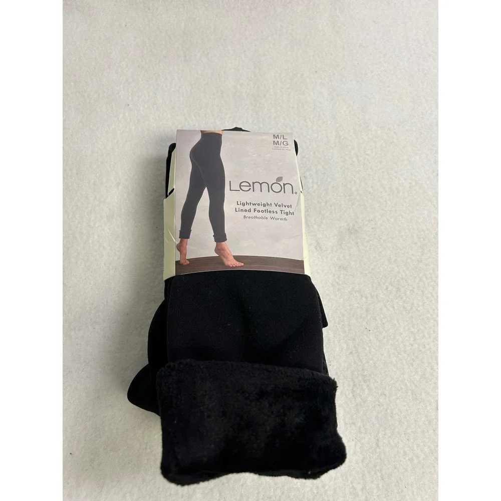 Cozy Winter Thermal Lemon Women M/L Black Velvet Lined Footless Tights